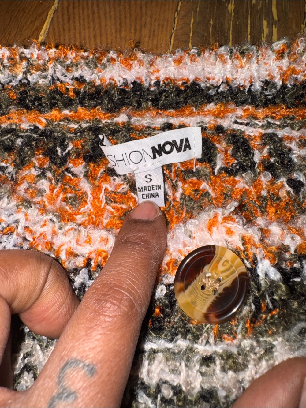 Fashion Nova Orange, Black & White Bouclé Knit Cardigan